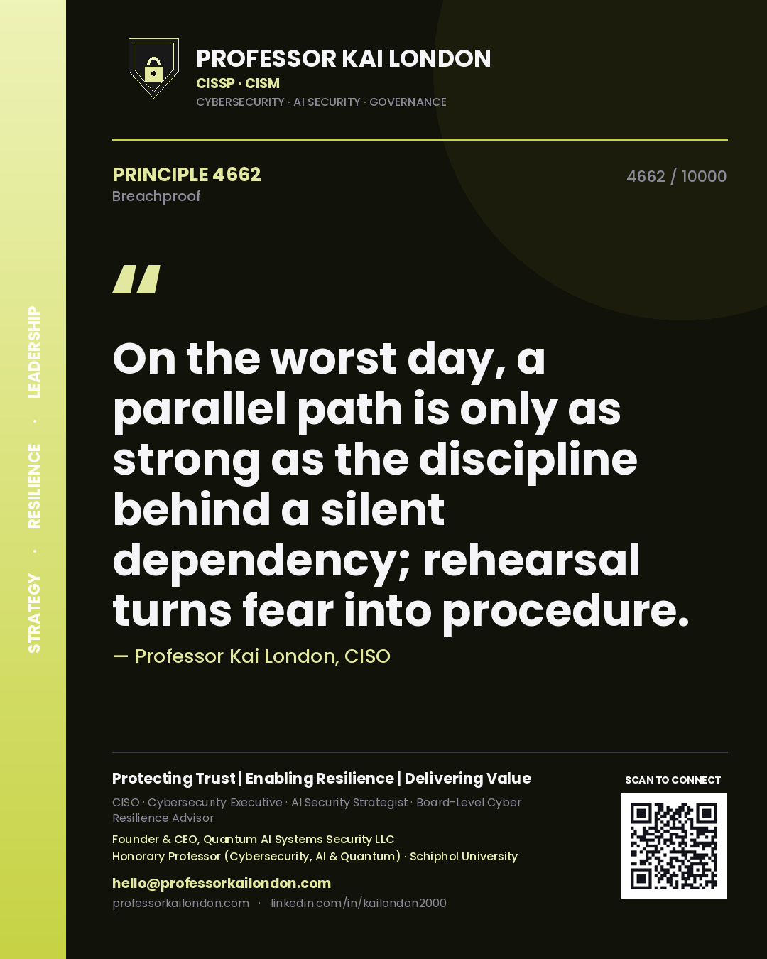 Quote card by Professor Kai London reading 'On the worst day, a parallel path is only as strong as the discipline behind a silent dependency; rehearsal turns fear into procedure.'. From the book Breachproof.