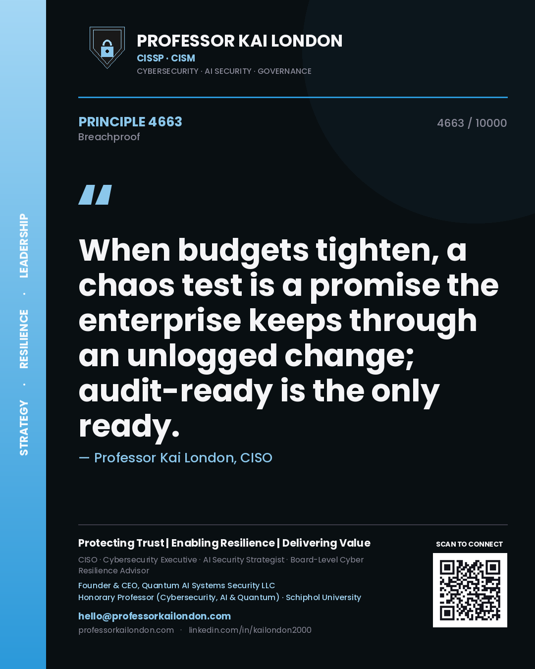 Quote card by Professor Kai London reading 'When budgets tighten, a chaos test is a promise the enterprise keeps through an unlogged change; audit-ready is the only ready.'. From the book Breachproof.
