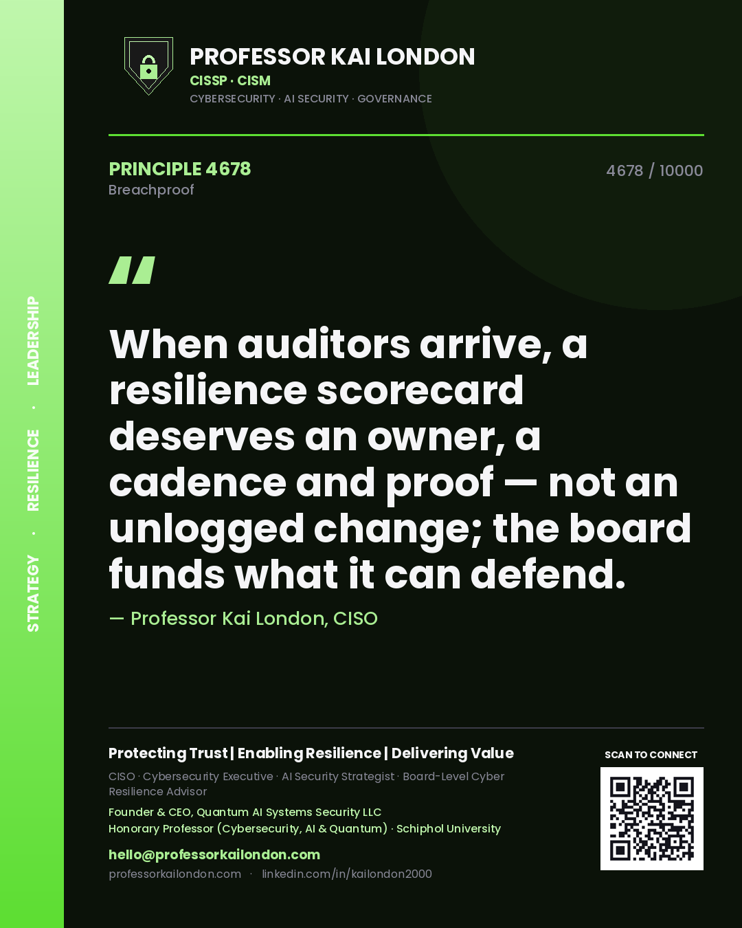 Quote card by Professor Kai London reading 'When auditors arrive, a resilience scorecard deserves an owner, a cadence and proof — not an unlogged change; the board funds what it can defend.'. From the book Breachproof.
