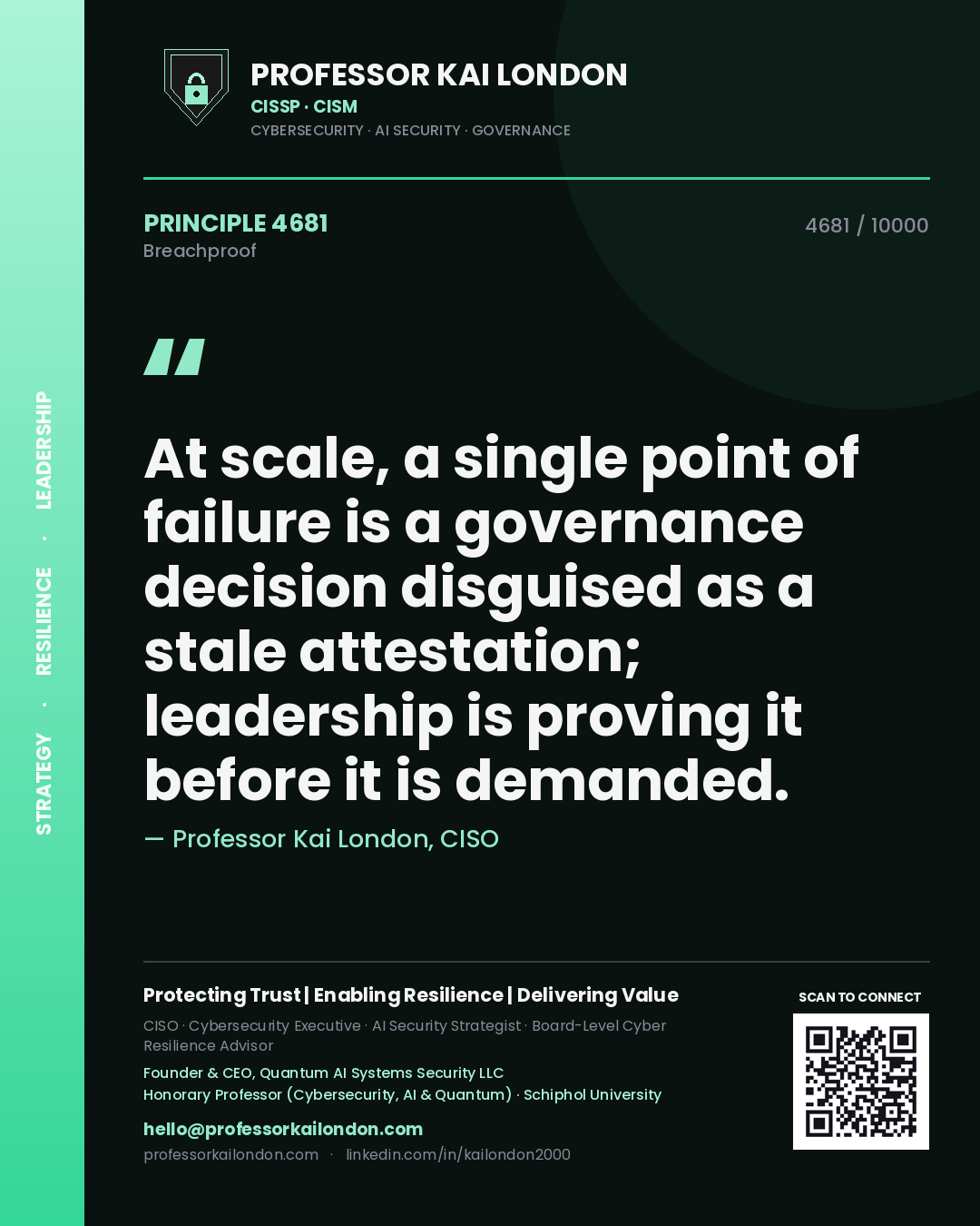 Professor Kai London principle 4681: At scale, a single point of failure is a governance decision disguised as a stale attestation; leadership is proving it before it is demanded.