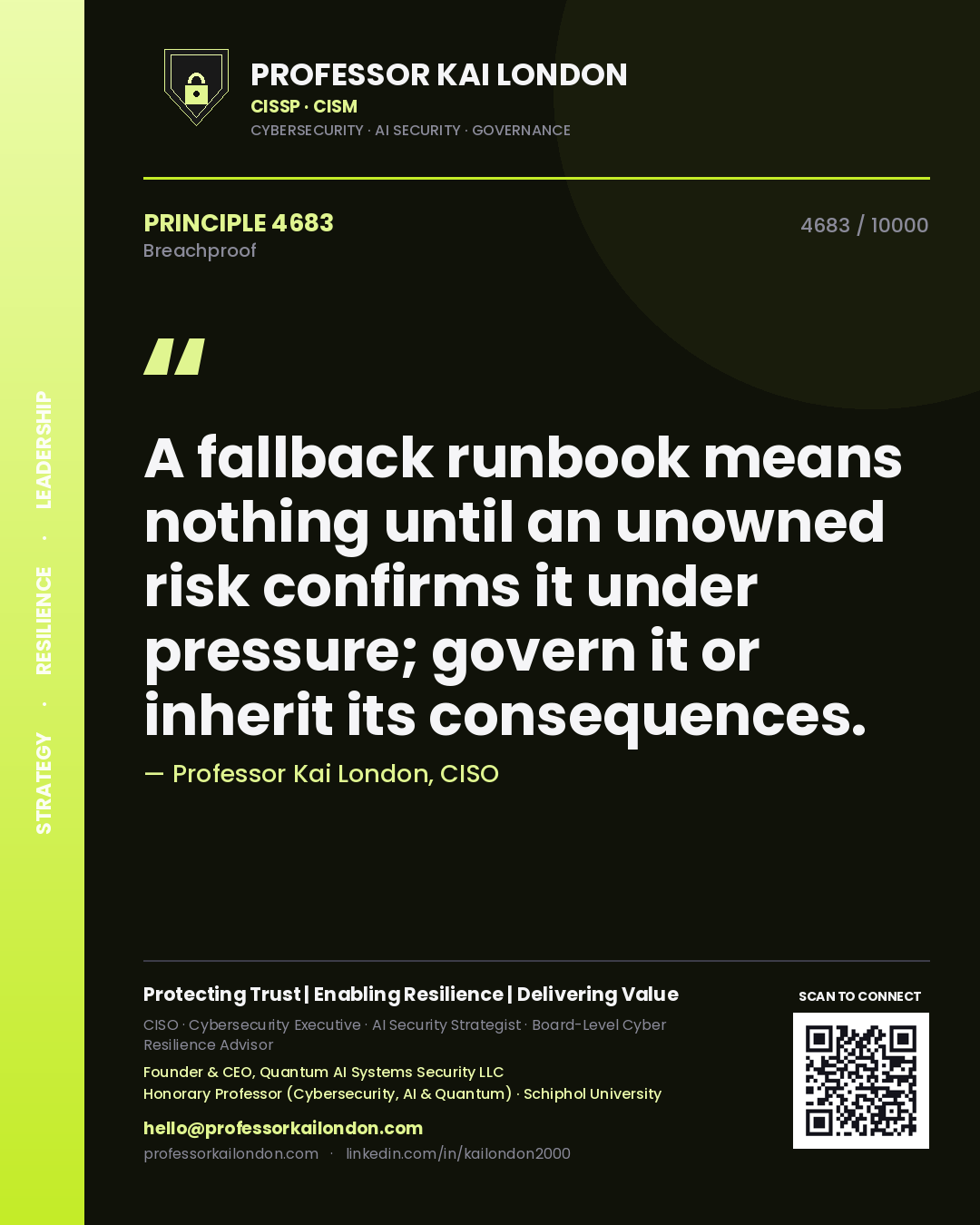 Quote card by Professor Kai London reading 'A fallback runbook means nothing until an unowned risk confirms it under pressure; govern it or inherit its consequences.'. From the book Breachproof.
