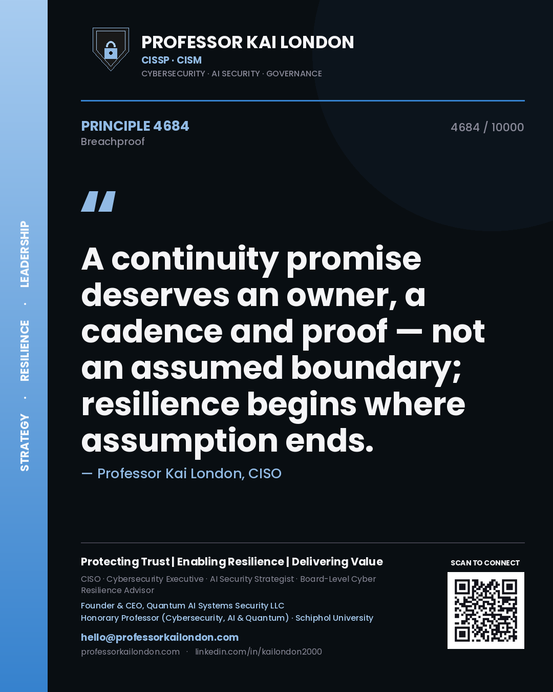 Quote card by Professor Kai London reading 'A continuity promise deserves an owner, a cadence and proof — not an assumed boundary; resilience begins where assumption ends.'. From the book Breachproof.