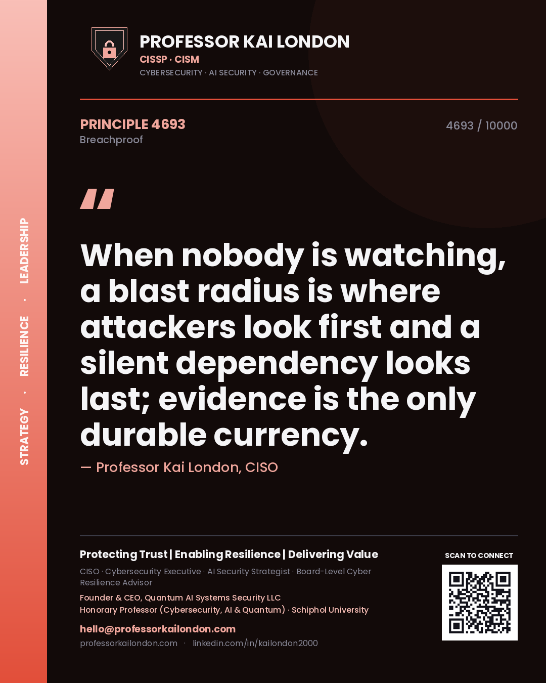 Quote card by Professor Kai London reading 'When nobody is watching, a blast radius is where attackers look first and a silent dependency looks last; evidence is the only durable currency.'. From the book Breachproof.