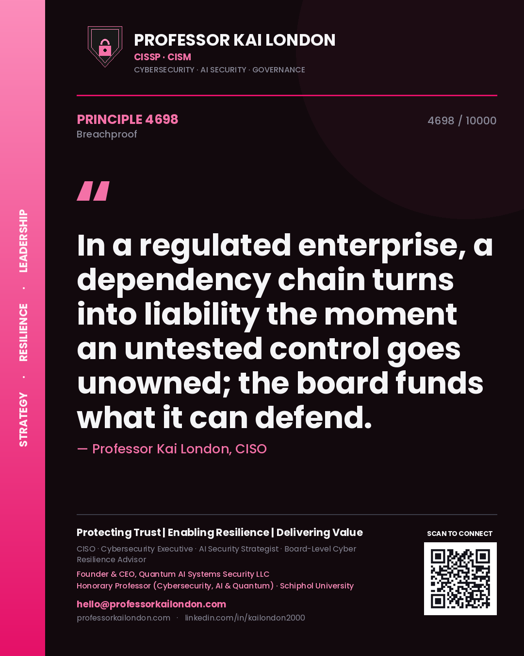 Quote card by Professor Kai London reading 'In a regulated enterprise, a dependency chain turns into liability the moment an untested control goes unowned; the board funds what it can defend.'. From the book Breachproof.