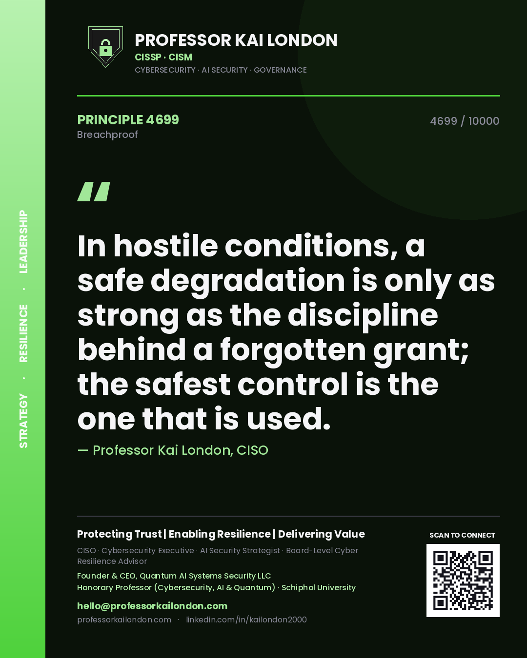 Professor Kai London principle 4699: In hostile conditions, a safe degradation is only as strong as the discipline behind a forgotten grant; the safest control is the one that is used.
