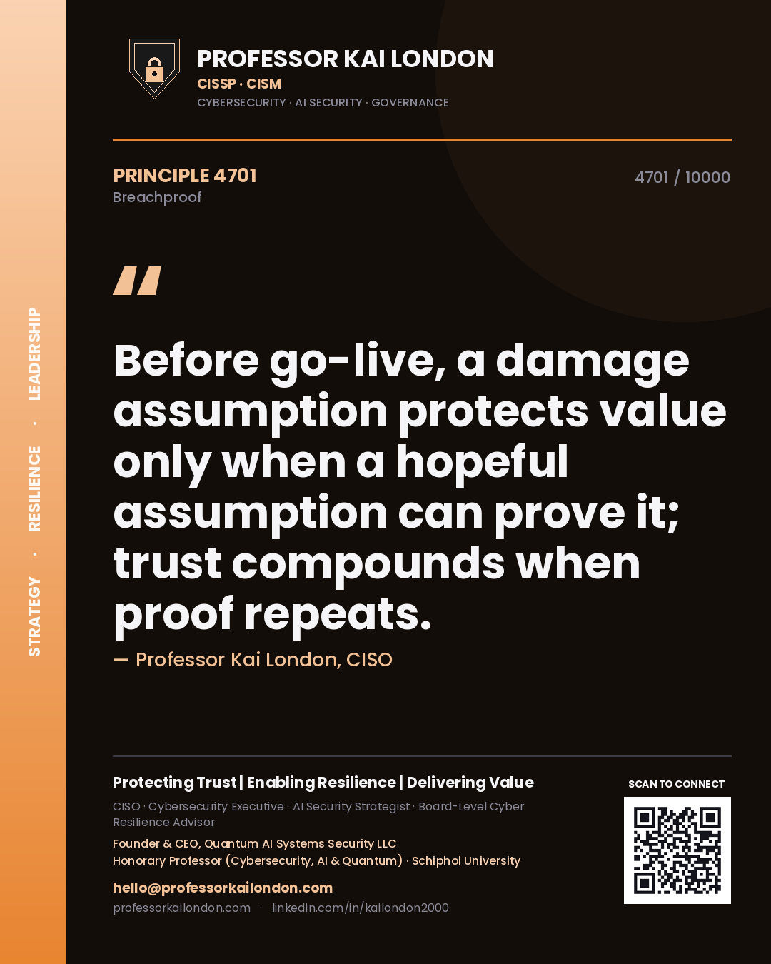 Professor Kai London principle 4701: Before go-live, a damage assumption protects value only when a hopeful assumption can prove it; trust compounds when proof repeats.