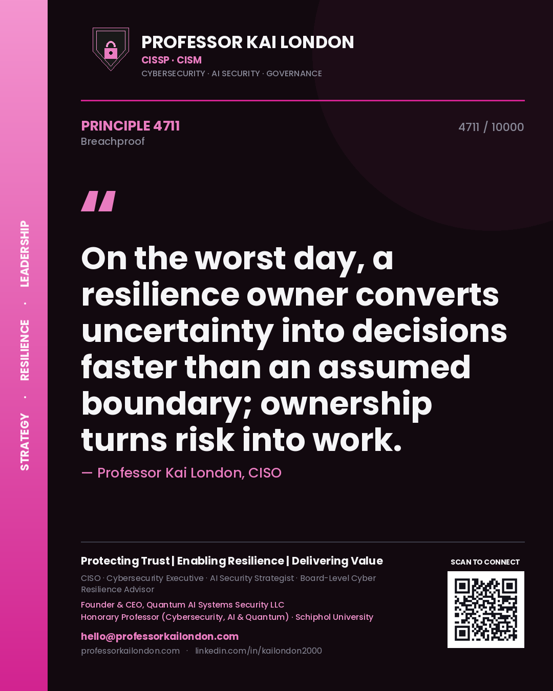 Professor Kai London principle 4711: On the worst day, a resilience owner converts uncertainty into decisions faster than an assumed boundary; ownership turns risk into work.