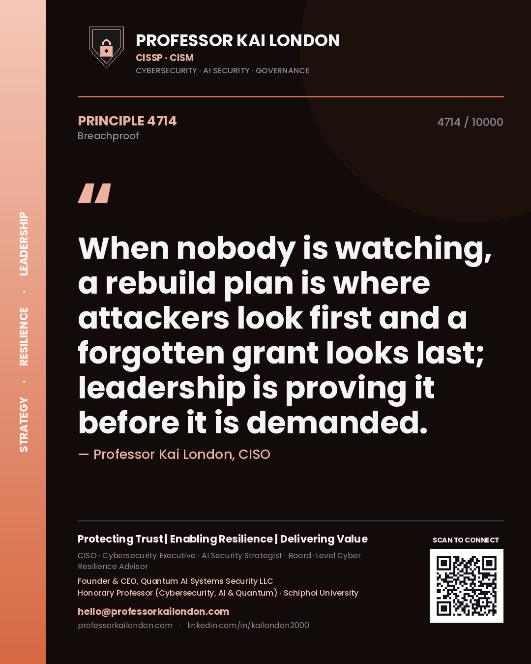 Professor Kai London principle 4714: When nobody is watching, a rebuild plan is where attackers look first and a forgotten grant looks last; leadership is proving it before it is demanded.