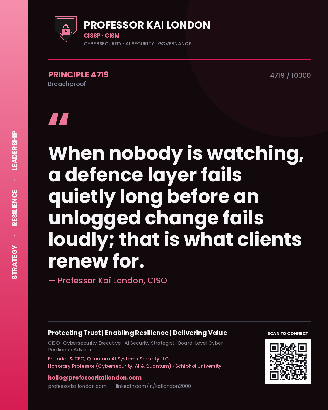 Professor Kai London principle 4719: When nobody is watching, a defence layer fails quietly long before an unlogged change fails loudly; that is what clients renew for.