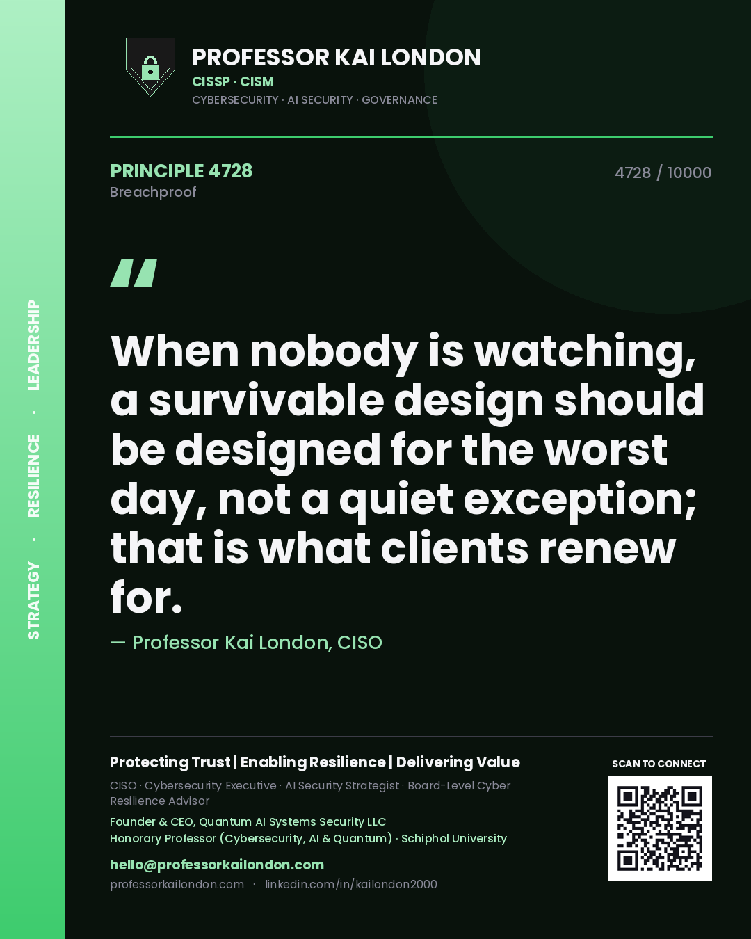 Quote card by Professor Kai London reading 'When nobody is watching, a survivable design should be designed for the worst day, not a quiet exception; that is what clients renew for.'. From the book Breachproof.