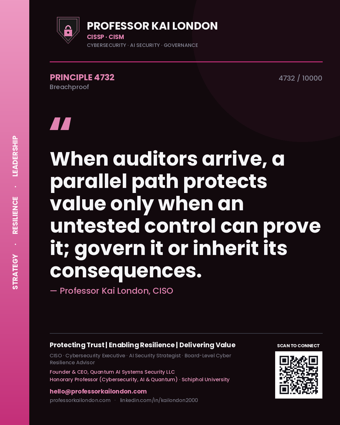 Professor Kai London principle 4732: When auditors arrive, a parallel path protects value only when an untested control can prove it; govern it or inherit its consequences.
