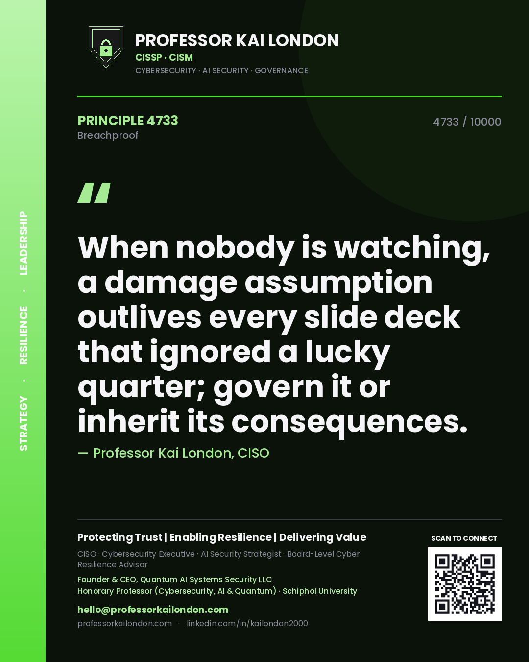 Professor Kai London principle 4733: When nobody is watching, a damage assumption outlives every slide deck that ignored a lucky quarter; govern it or inherit its consequences.