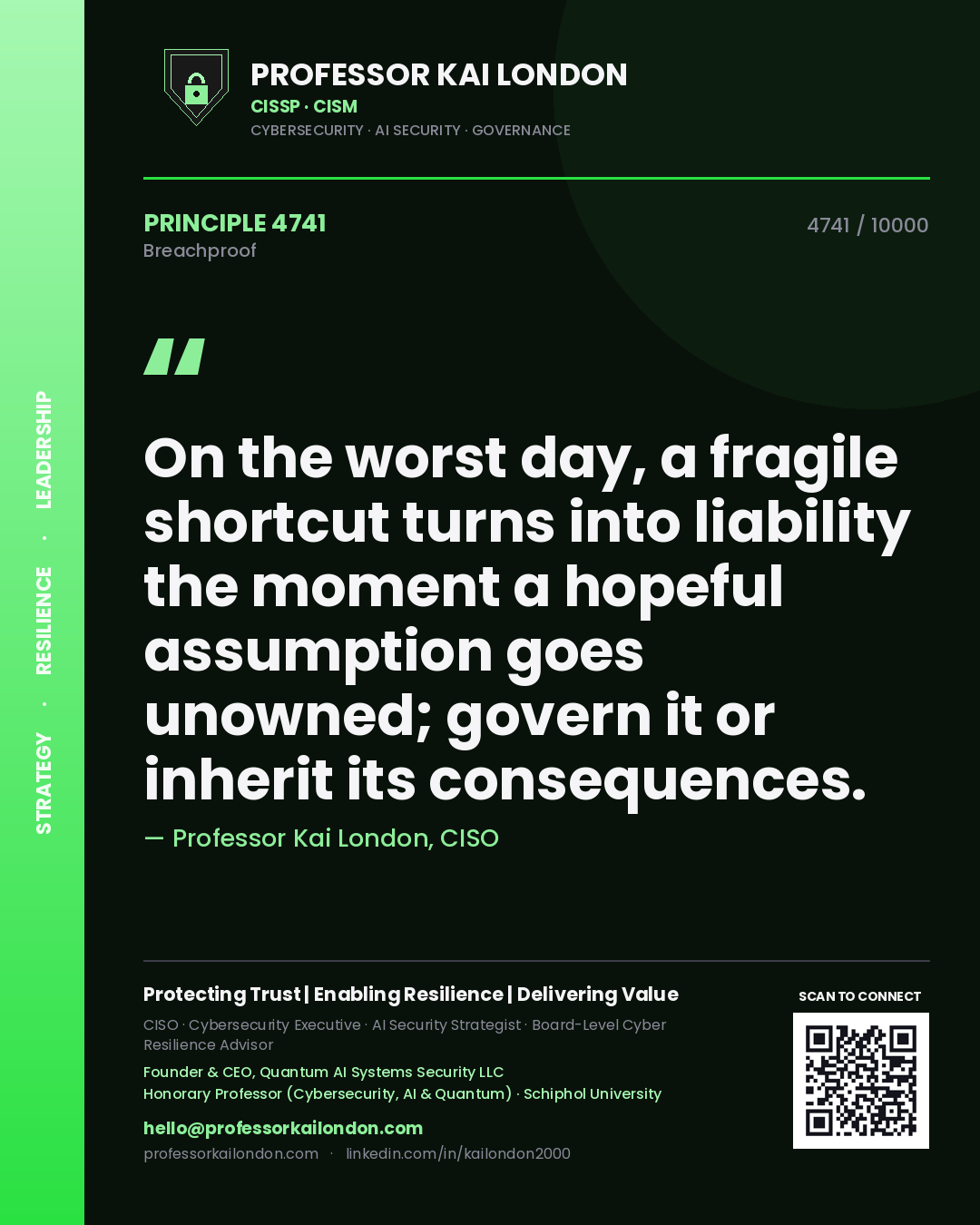 Quote card by Professor Kai London reading 'On the worst day, a fragile shortcut turns into liability the moment a hopeful assumption goes unowned; govern it or inherit its consequences.'. From the book Breachproof.