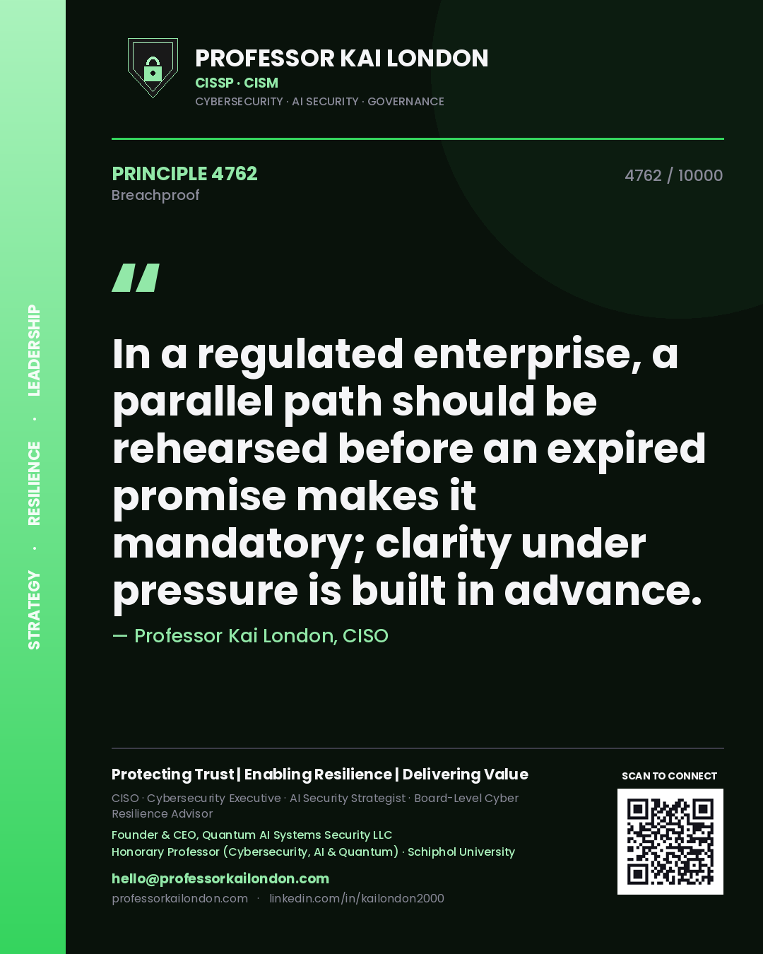 Professor Kai London principle 4762: In a regulated enterprise, a parallel path should be rehearsed before an expired promise makes it mandatory; clarity under pressure is built in advance.