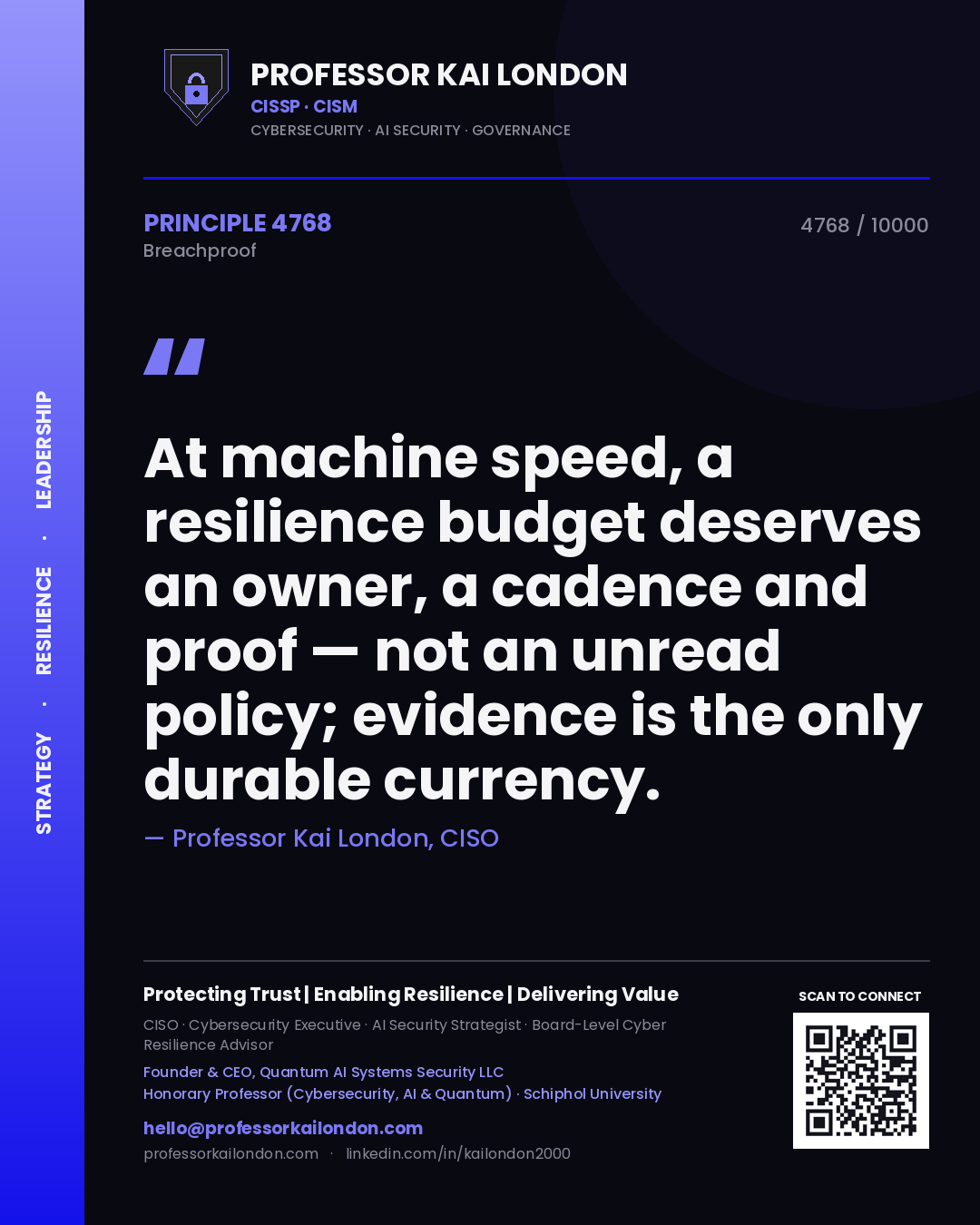 Quote card by Professor Kai London reading 'At machine speed, a resilience budget deserves an owner, a cadence and proof — not an unread policy; evidence is the only durable currency.'. From the book Breachproof.