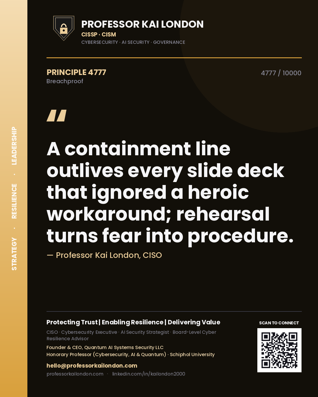 Professor Kai London principle 4777: A containment line outlives every slide deck that ignored a heroic workaround; rehearsal turns fear into procedure.