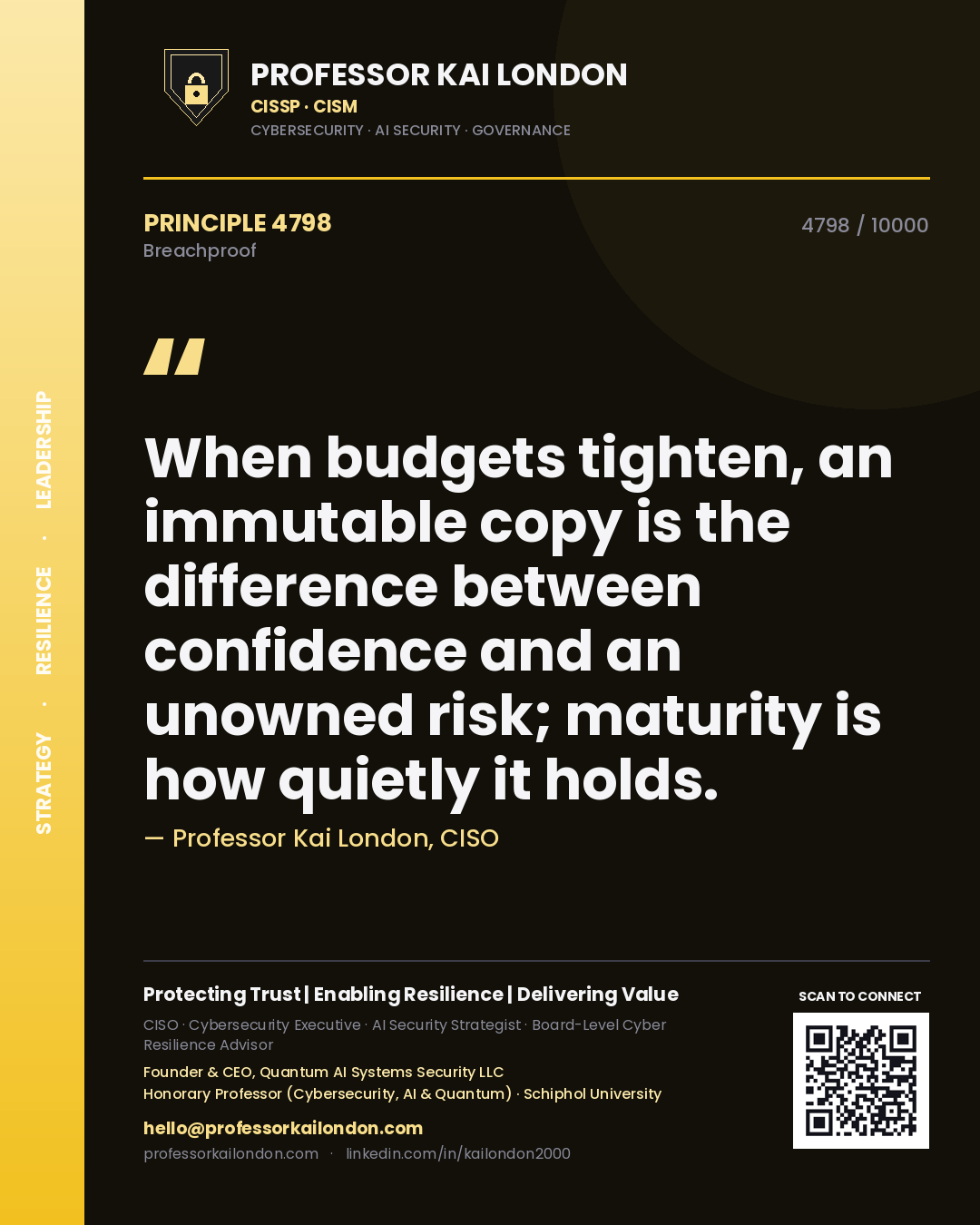 Professor Kai London principle 4798: When budgets tighten, an immutable copy is the difference between confidence and an unowned risk; maturity is how quietly it holds.
