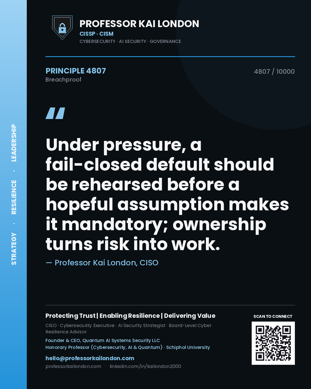 Quote card by Professor Kai London reading 'Under pressure, a fail-closed default should be rehearsed before a hopeful assumption makes it mandatory; ownership turns risk into work.'. From the book Breachproof.