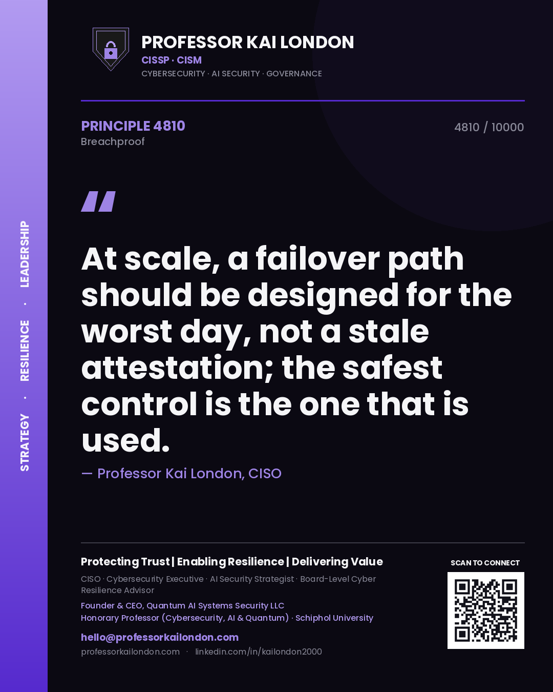 Quote card by Professor Kai London reading 'At scale, a failover path should be designed for the worst day, not a stale attestation; the safest control is the one that is used.'. From the book Breachproof.