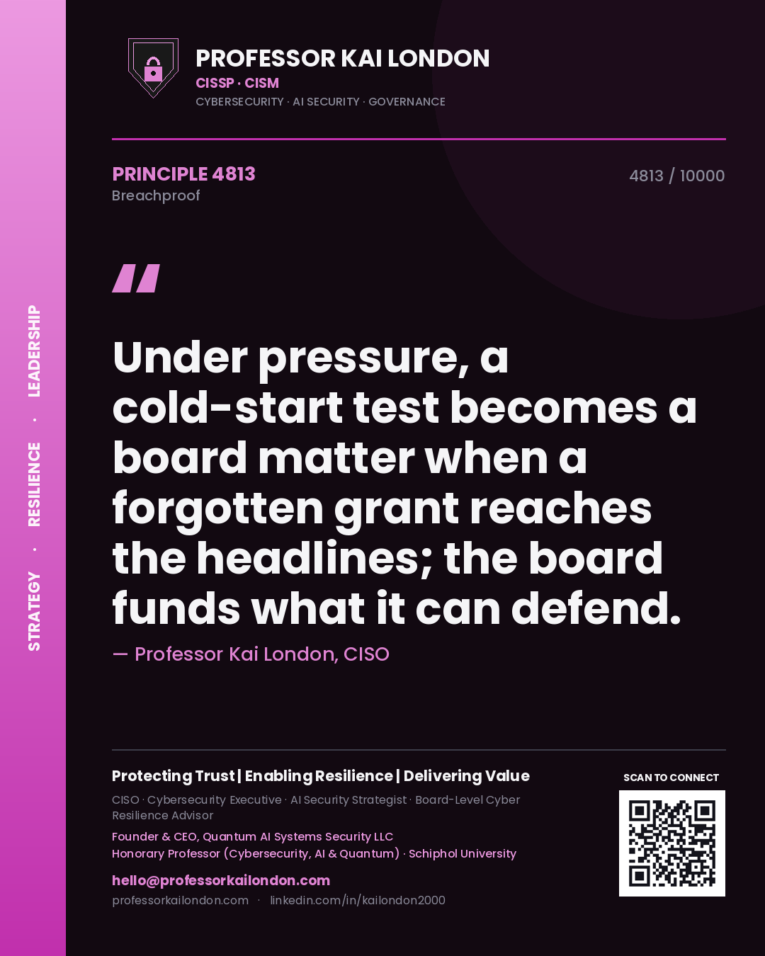 Quote card by Professor Kai London reading 'Under pressure, a cold-start test becomes a board matter when a forgotten grant reaches the headlines; the board funds what it can defend.'. From the book Breachproof.