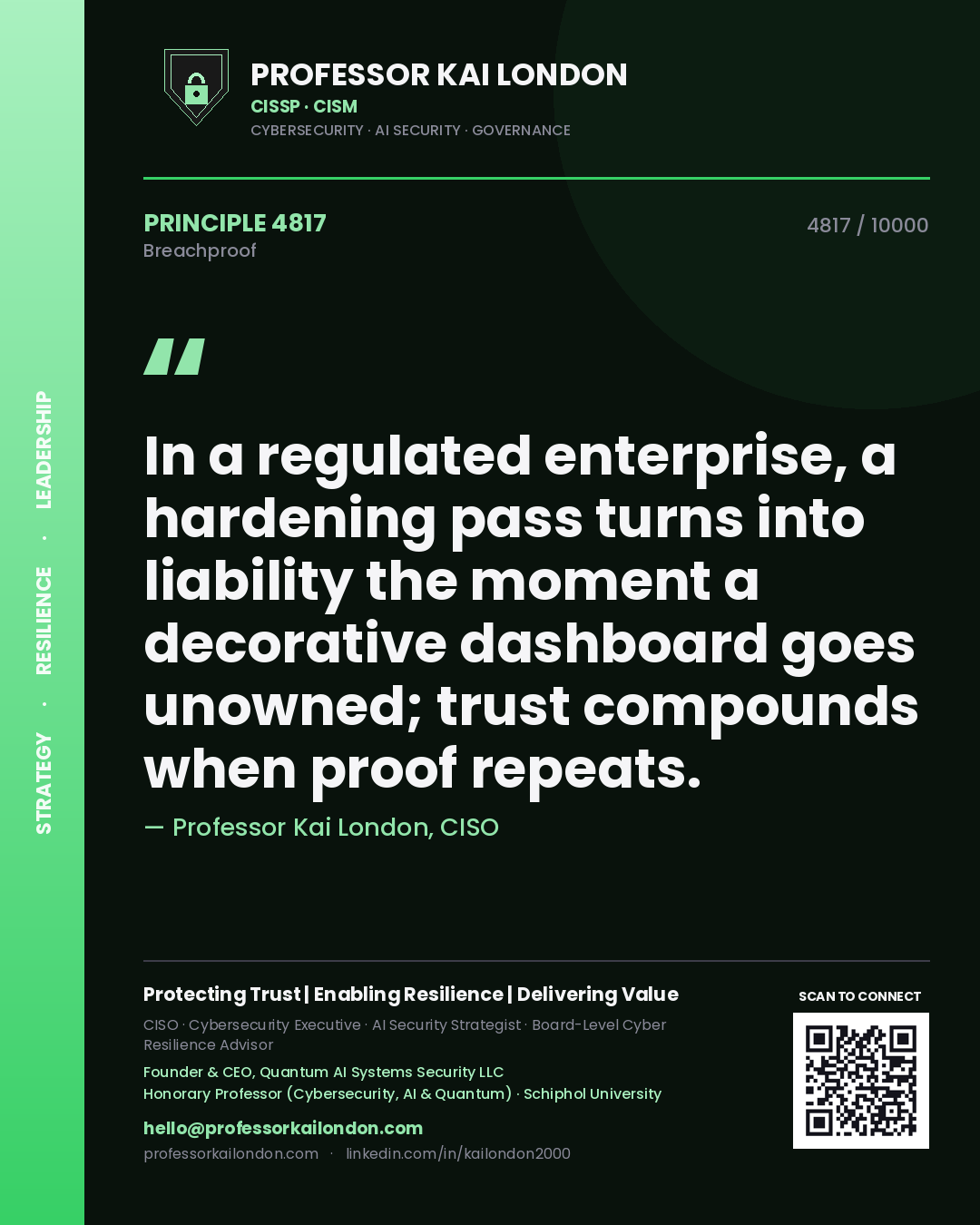 Quote card by Professor Kai London reading 'In a regulated enterprise, a hardening pass turns into liability the moment a decorative dashboard goes unowned; trust compounds when proof repeats.'. From the book Breachproof.