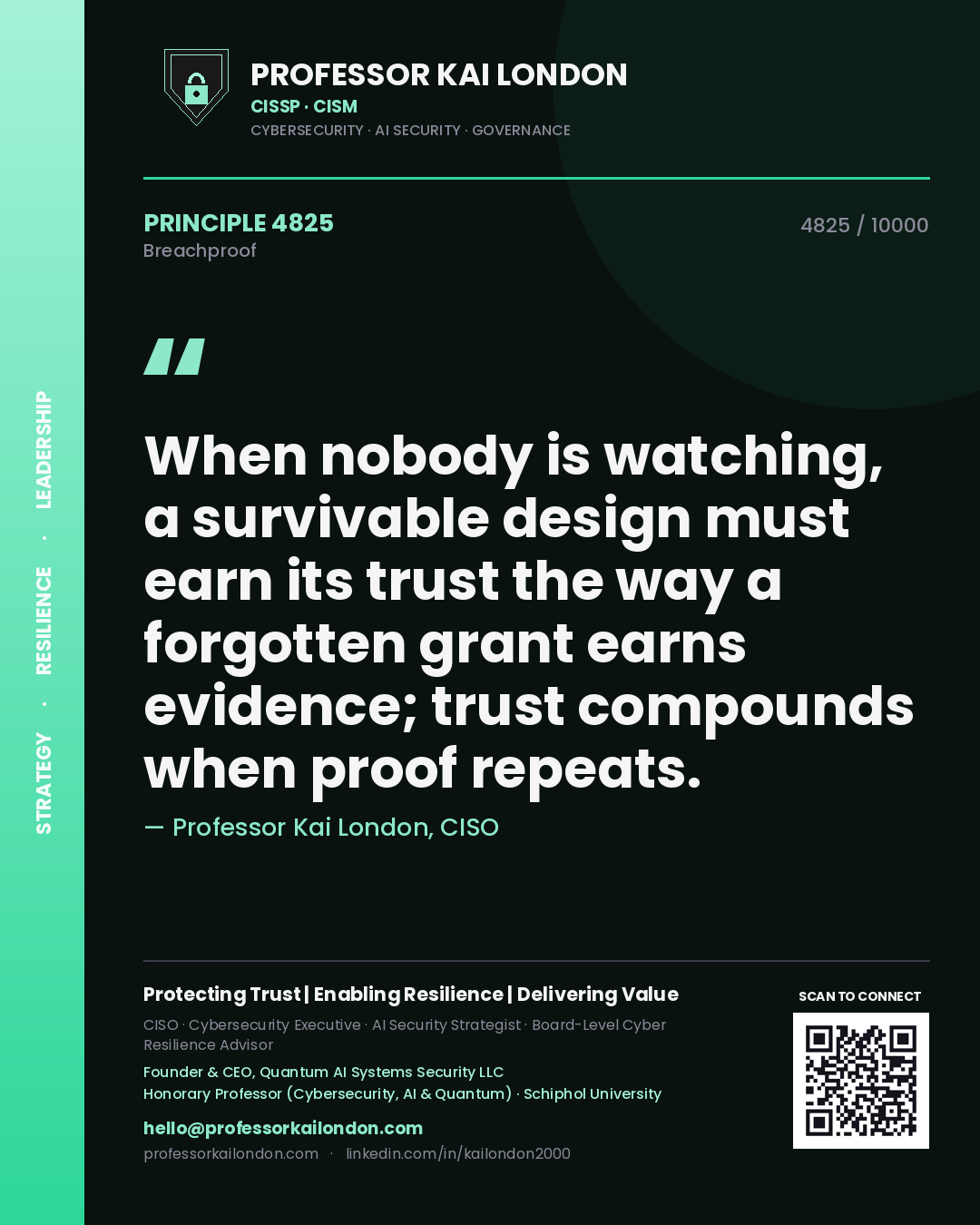 Quote card by Professor Kai London reading 'When nobody is watching, a survivable design must earn its trust the way a forgotten grant earns evidence; trust compounds when proof repeats.'. From the book Breachproof.
