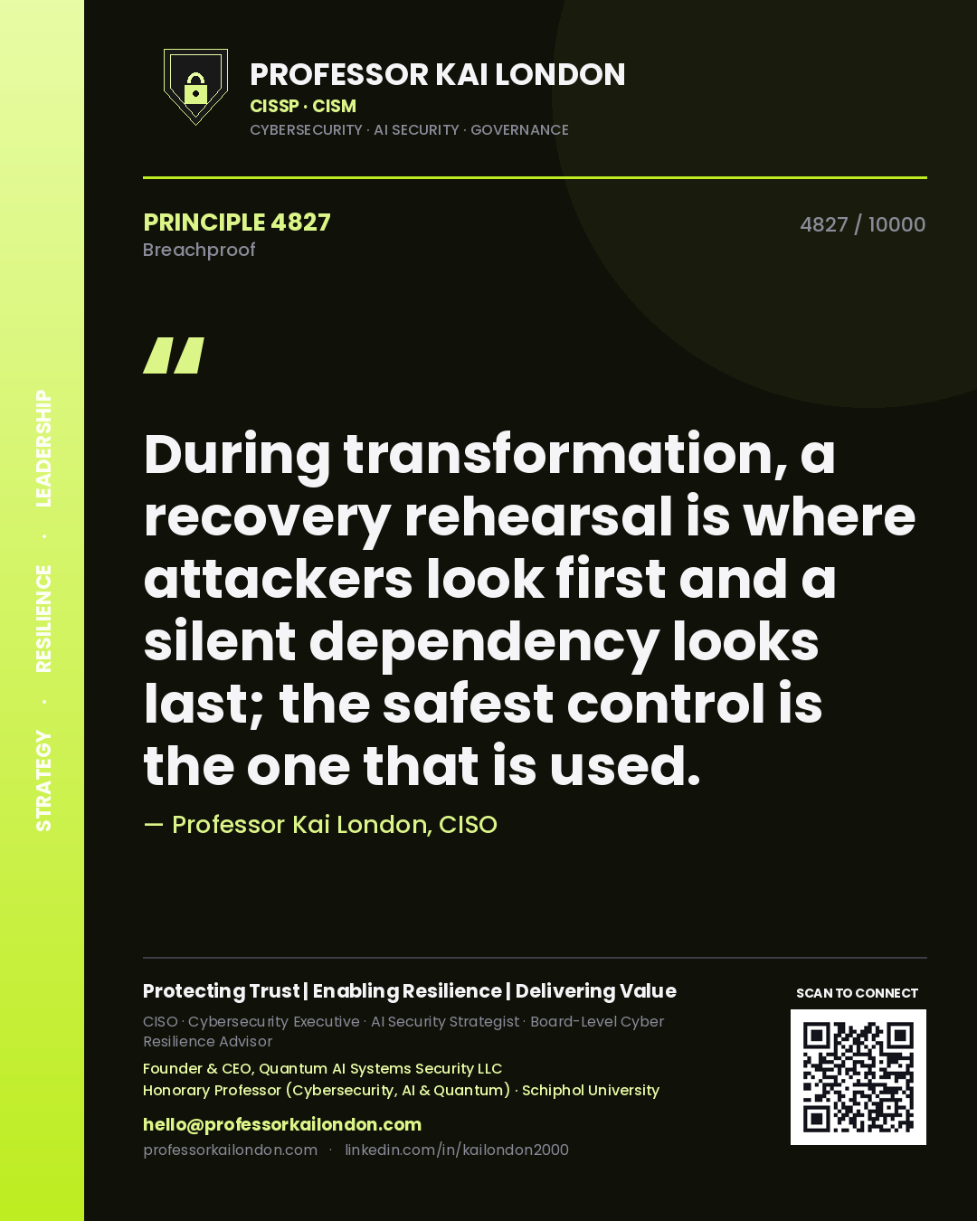 Quote card by Professor Kai London reading 'During transformation, a recovery rehearsal is where attackers look first and a silent dependency looks last; the safest control is the one that is used.'. From the book Breachproof.