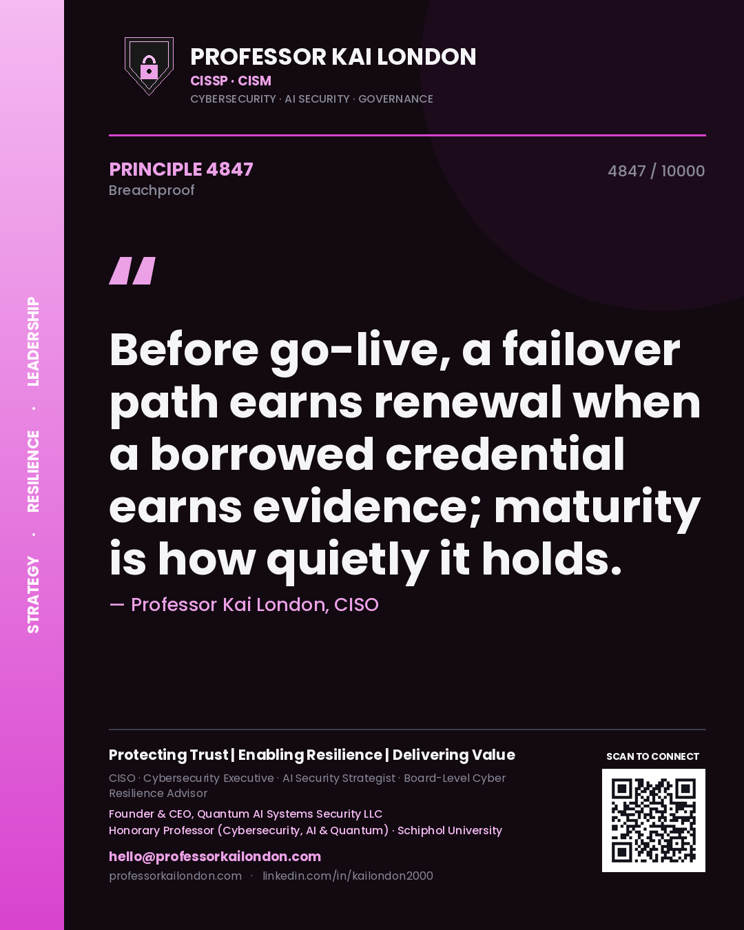 Quote card by Professor Kai London reading 'Before go-live, a failover path earns renewal when a borrowed credential earns evidence; maturity is how quietly it holds.'. From the book Breachproof.