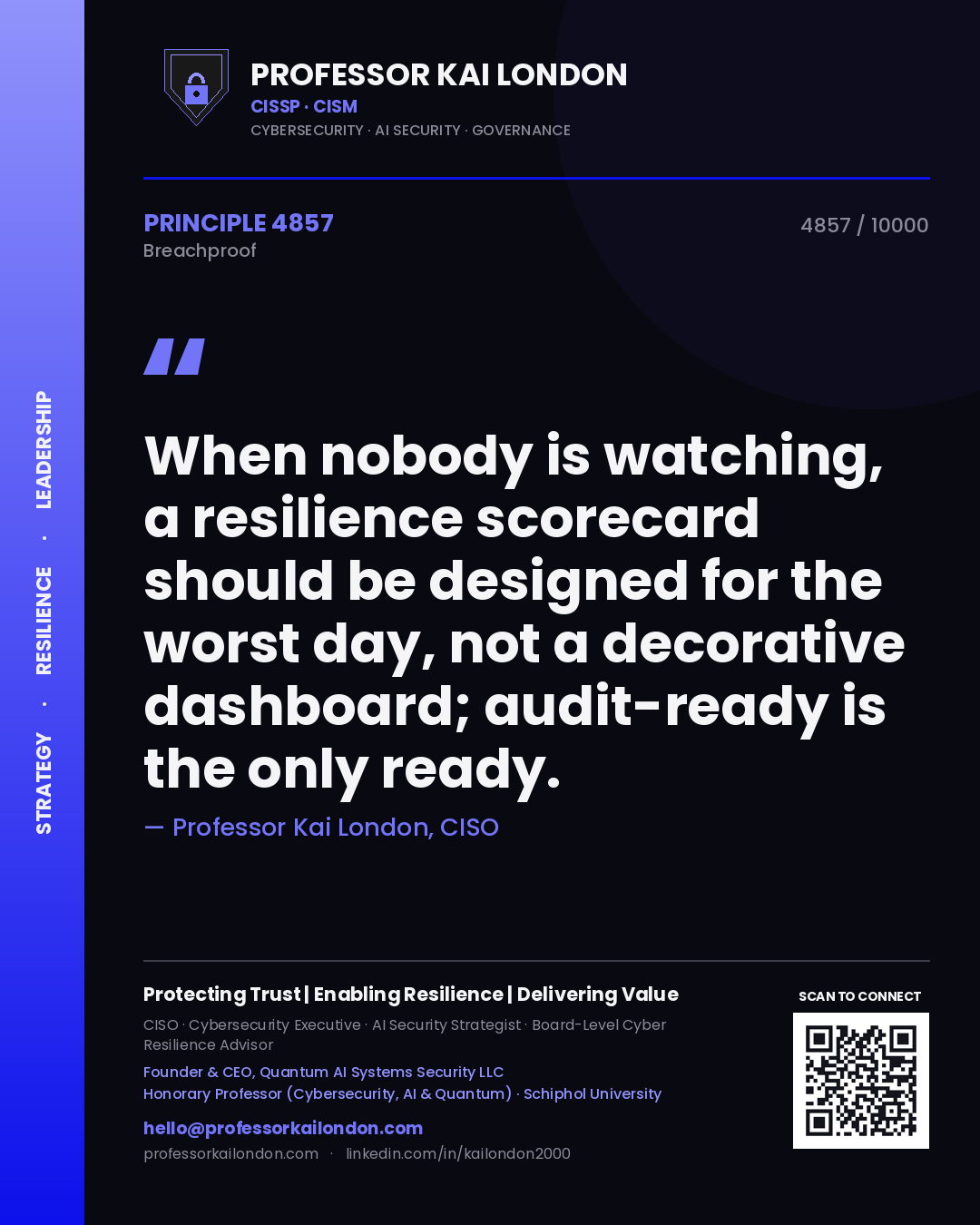 Quote card by Professor Kai London reading 'When nobody is watching, a resilience scorecard should be designed for the worst day, not a decorative dashboard; audit-ready is the only ready.'. From the book Breachproof.