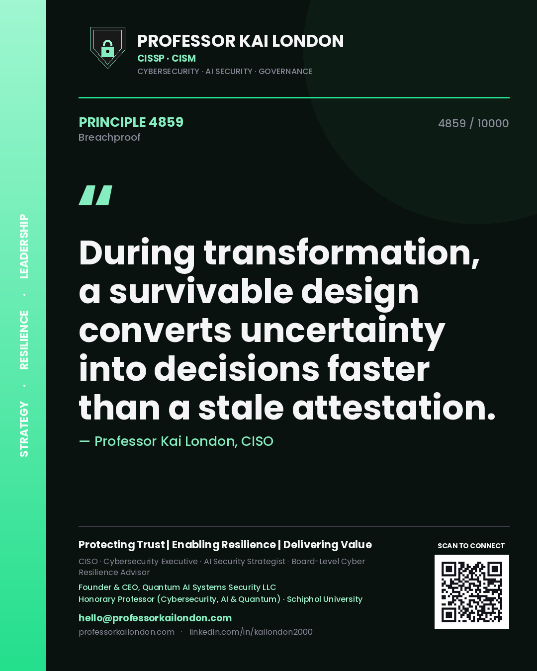 Quote card by Professor Kai London reading 'During transformation, a survivable design converts uncertainty into decisions faster than a stale attestation.'. From the book Breachproof.