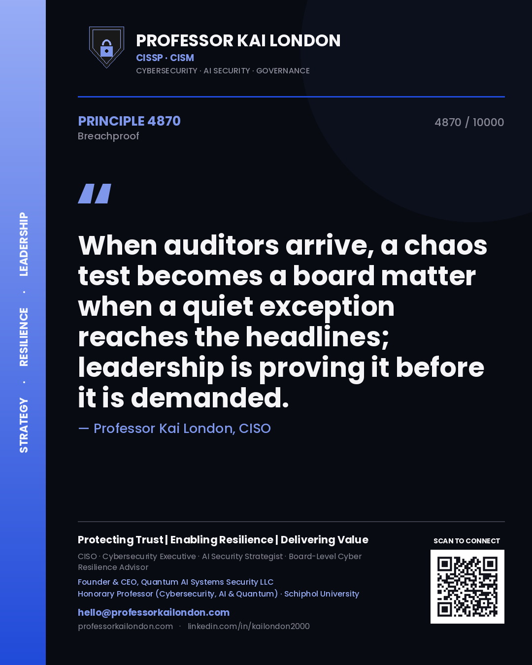 Quote card by Professor Kai London reading 'When auditors arrive, a chaos test becomes a board matter when a quiet exception reaches the headlines; leadership is proving it before it is demanded.'. From the book Breachproof.
