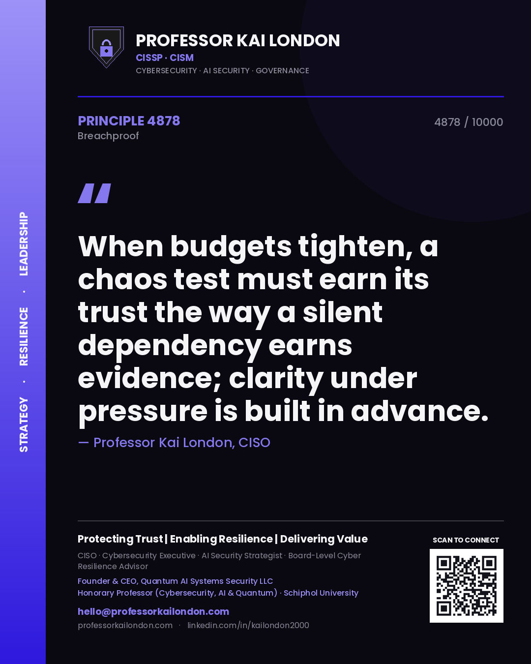 Quote card by Professor Kai London reading 'When budgets tighten, a chaos test must earn its trust the way a silent dependency earns evidence; clarity under pressure is built in advance.'. From the book Breachproof.