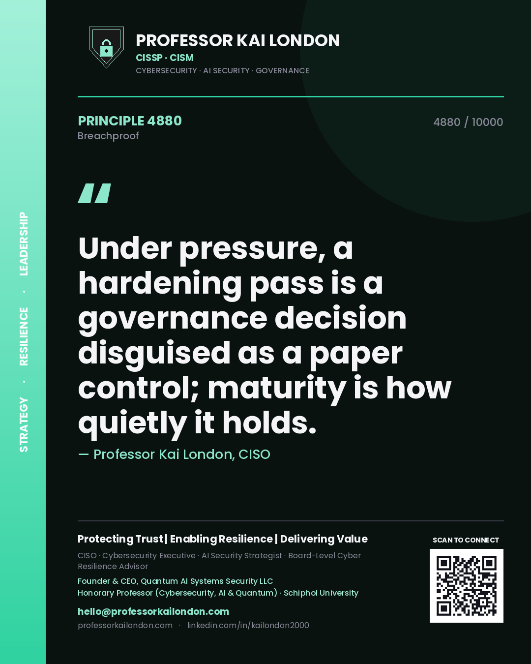 Quote card by Professor Kai London reading 'Under pressure, a hardening pass is a governance decision disguised as a paper control; maturity is how quietly it holds.'. From the book Breachproof.