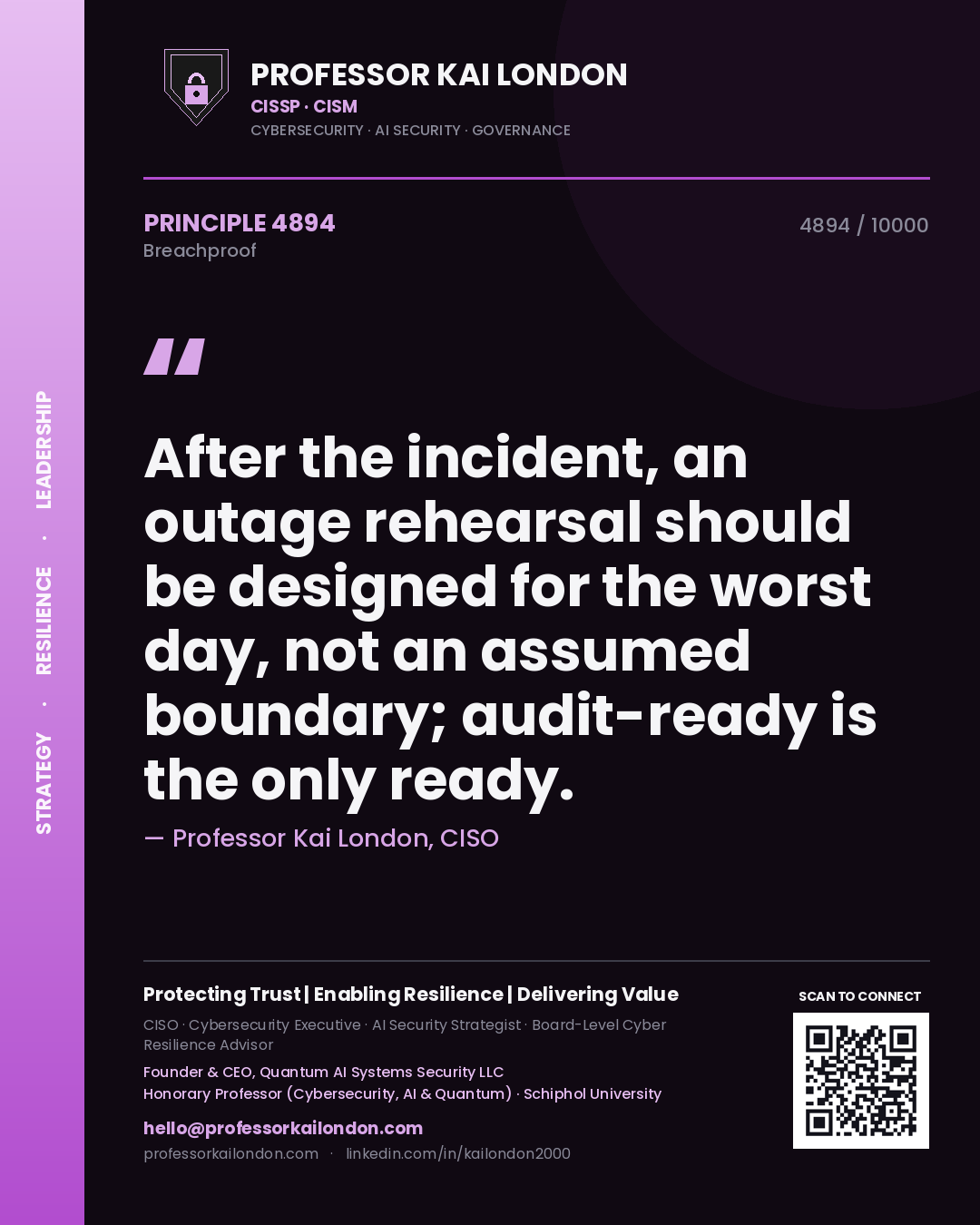 Quote card by Professor Kai London reading 'After the incident, an outage rehearsal should be designed for the worst day, not an assumed boundary; audit-ready is the only ready.'. From the book Breachproof.
