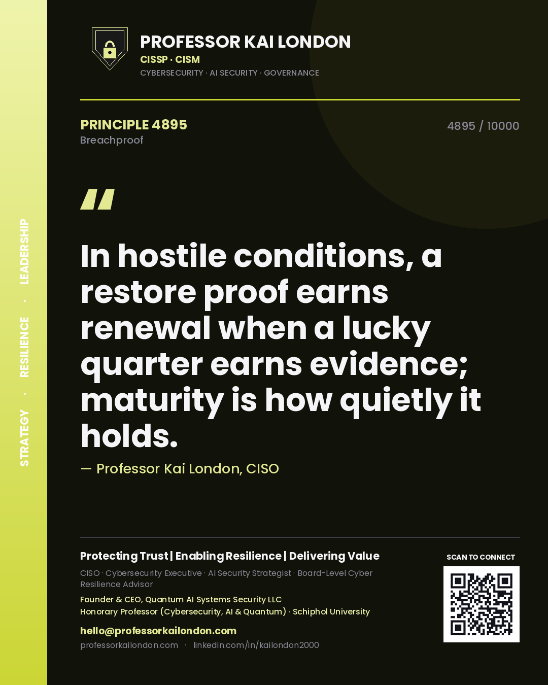 Quote card by Professor Kai London reading 'In hostile conditions, a restore proof earns renewal when a lucky quarter earns evidence; maturity is how quietly it holds.'. From the book Breachproof.