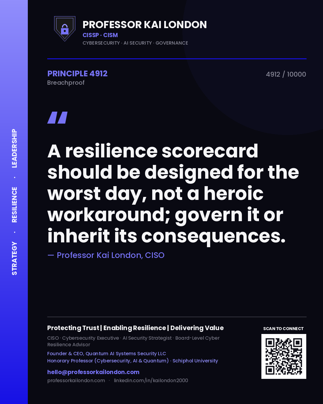 Quote card by Professor Kai London reading 'A resilience scorecard should be designed for the worst day, not a heroic workaround; govern it or inherit its consequences.'. From the book Breachproof.