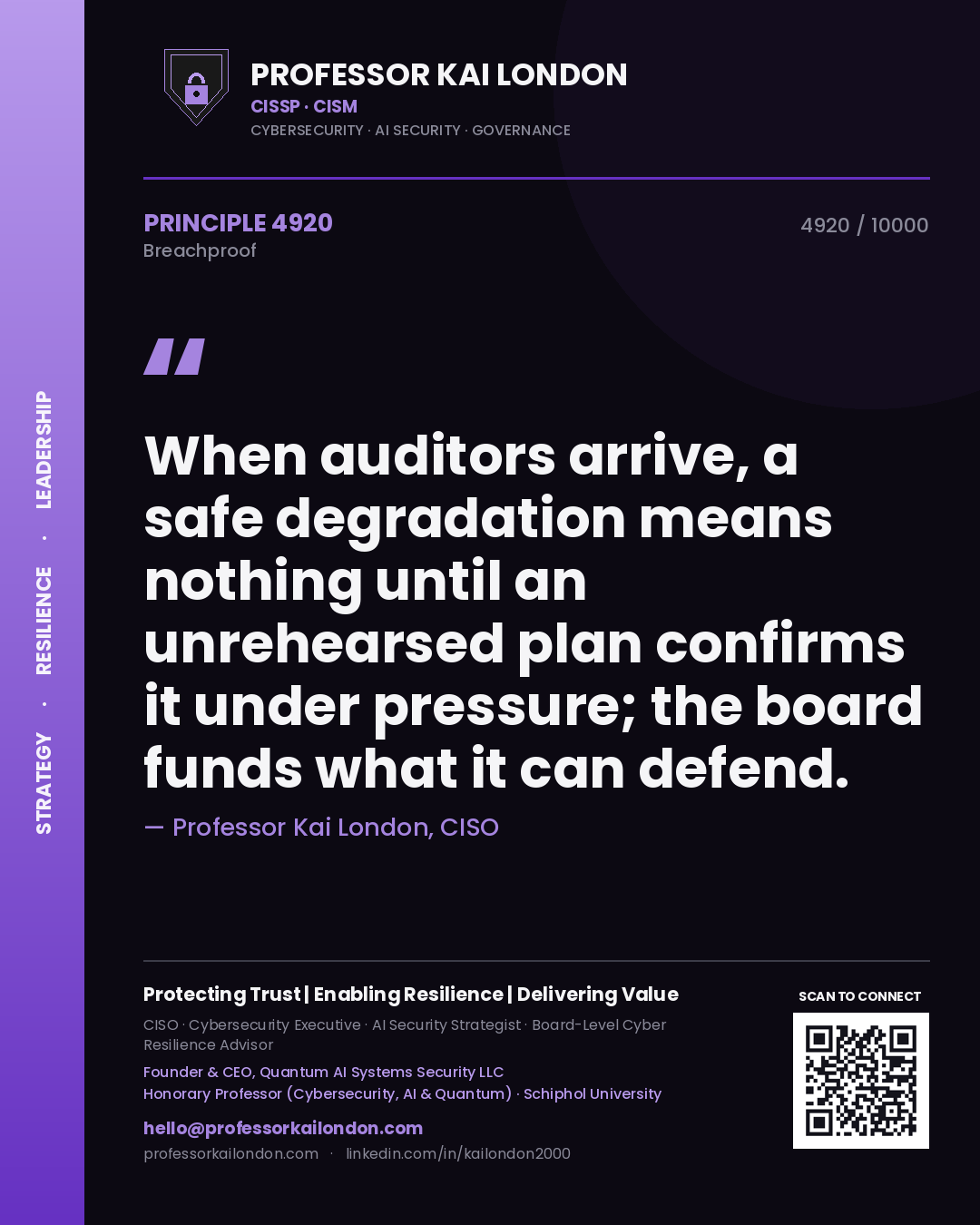 Quote card by Professor Kai London reading 'When auditors arrive, a safe degradation means nothing until an unrehearsed plan confirms it under pressure; the board funds what it can defend.'. From the book Breachproof.