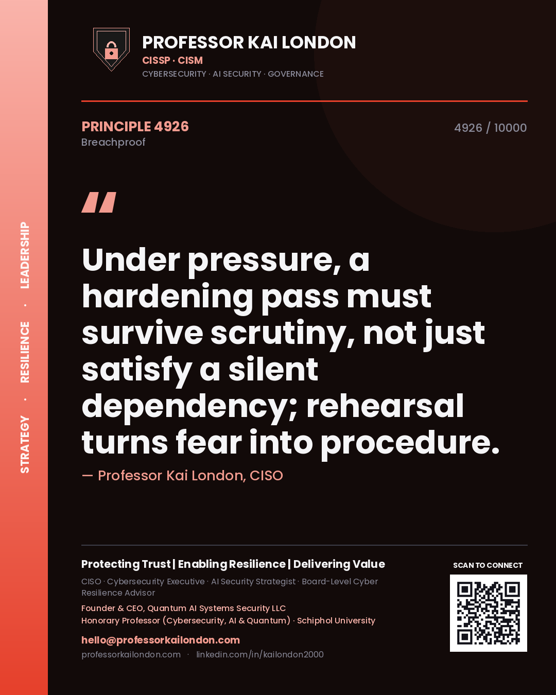 Quote card by Professor Kai London reading 'Under pressure, a hardening pass must survive scrutiny, not just satisfy a silent dependency; rehearsal turns fear into procedure.'. From the book Breachproof.