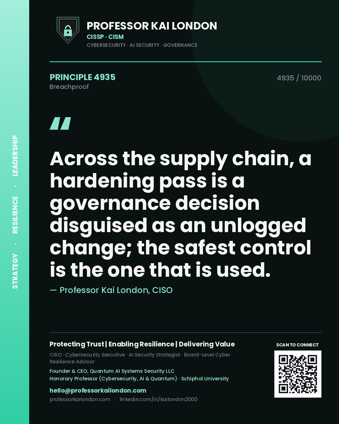 Quote card by Professor Kai London reading 'Across the supply chain, a hardening pass is a governance decision disguised as an unlogged change; the safest control is the one that is used.'. From the book Breachproof.