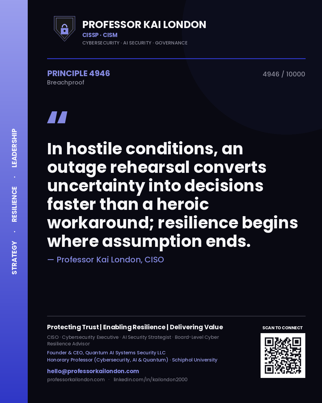 Quote card by Professor Kai London reading 'In hostile conditions, an outage rehearsal converts uncertainty into decisions faster than a heroic workaround; resilience begins where assumption ends.'. From the book Breachproof.