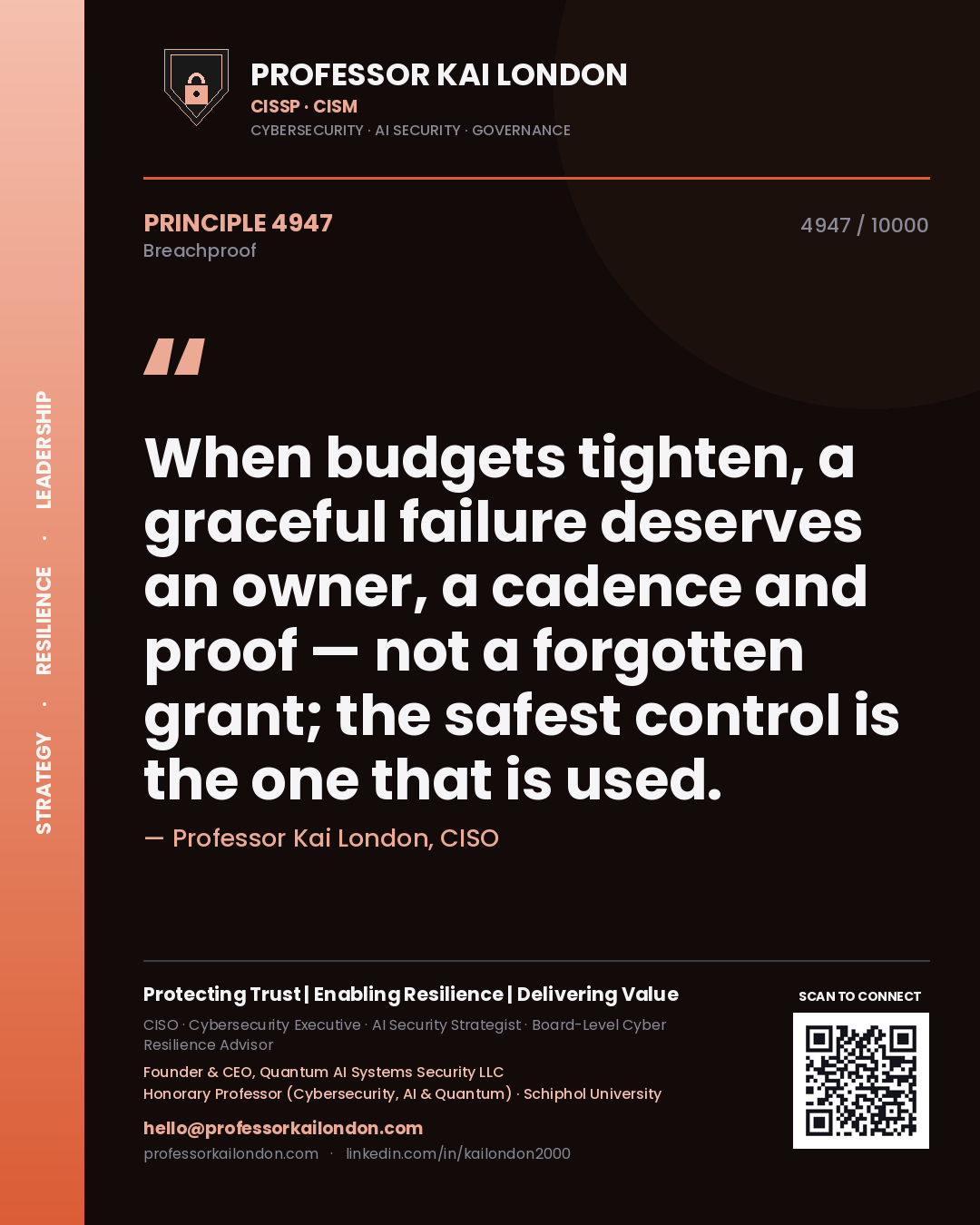 Quote card by Professor Kai London reading 'When budgets tighten, a graceful failure deserves an owner, a cadence and proof — not a forgotten grant; the safest control is the one that is used.'. From the book Breachproof.