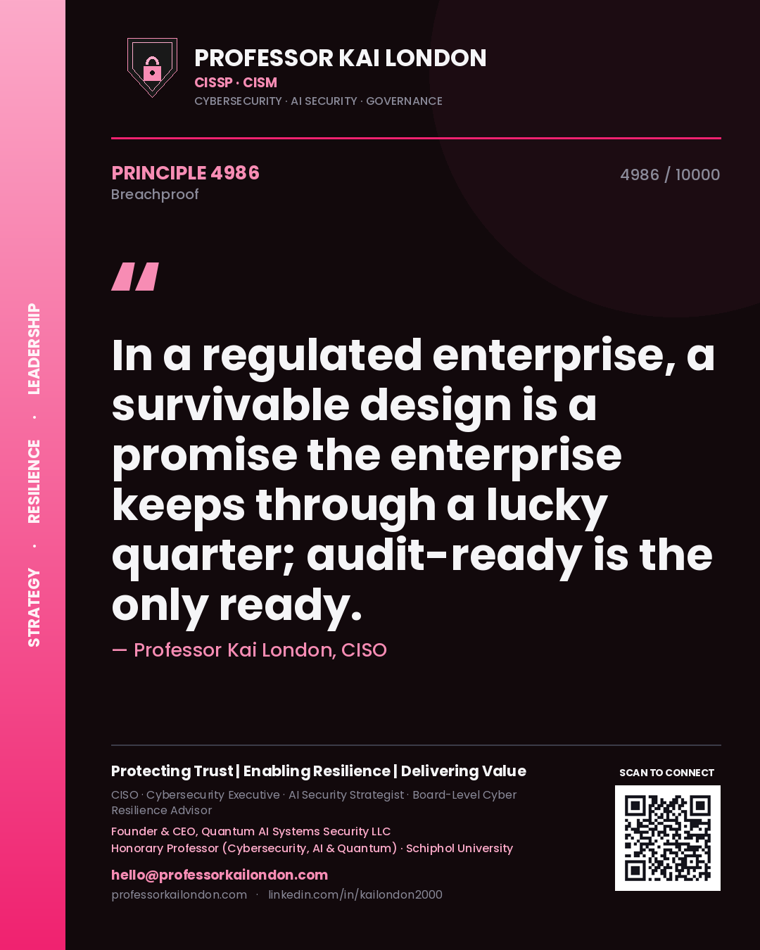 Quote card by Professor Kai London reading 'In a regulated enterprise, a survivable design is a promise the enterprise keeps through a lucky quarter; audit-ready is the only ready.'. From the book Breachproof.