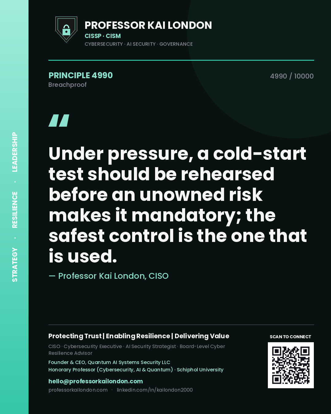 Quote card by Professor Kai London reading 'Under pressure, a cold-start test should be rehearsed before an unowned risk makes it mandatory; the safest control is the one that is used.'. From the book Breachproof.
