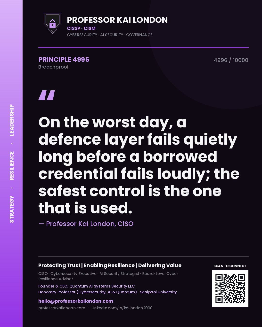 Quote card by Professor Kai London reading 'On the worst day, a defence layer fails quietly long before a borrowed credential fails loudly; the safest control is the one that is used.'. From the book Breachproof.