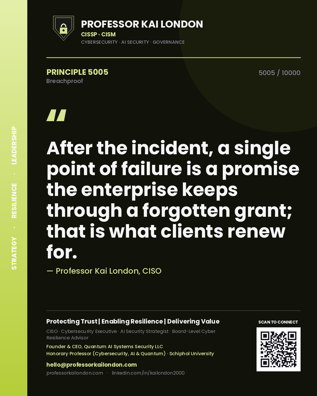 Professor Kai London principle 5005: After the incident, a single point of failure is a promise the enterprise keeps through a forgotten grant; that is what clients renew for.