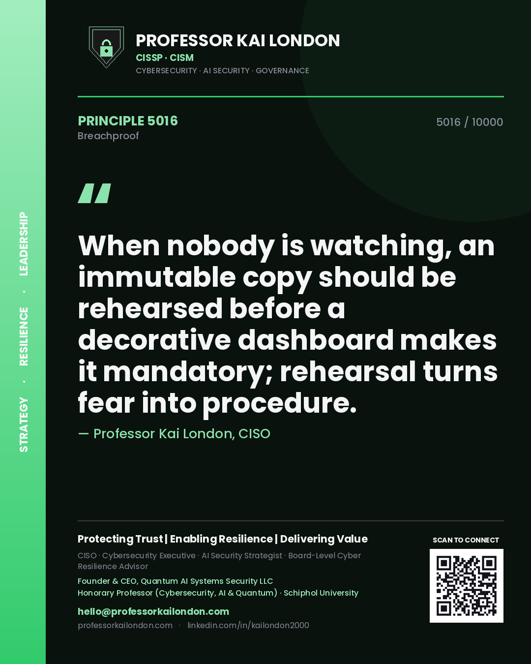 Quote card by Professor Kai London reading 'When nobody is watching, an immutable copy should be rehearsed before a decorative dashboard makes it mandatory; rehearsal turns fear into procedure.'. From the book Breachproof.