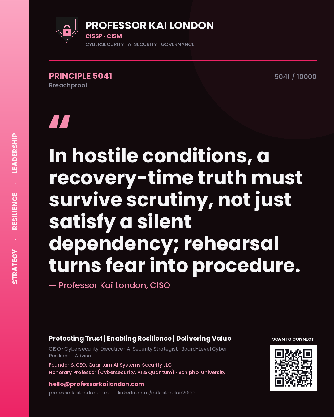 Professor Kai London principle 5041: In hostile conditions, a recovery-time truth must survive scrutiny, not just satisfy a silent dependency; rehearsal turns fear into procedure.