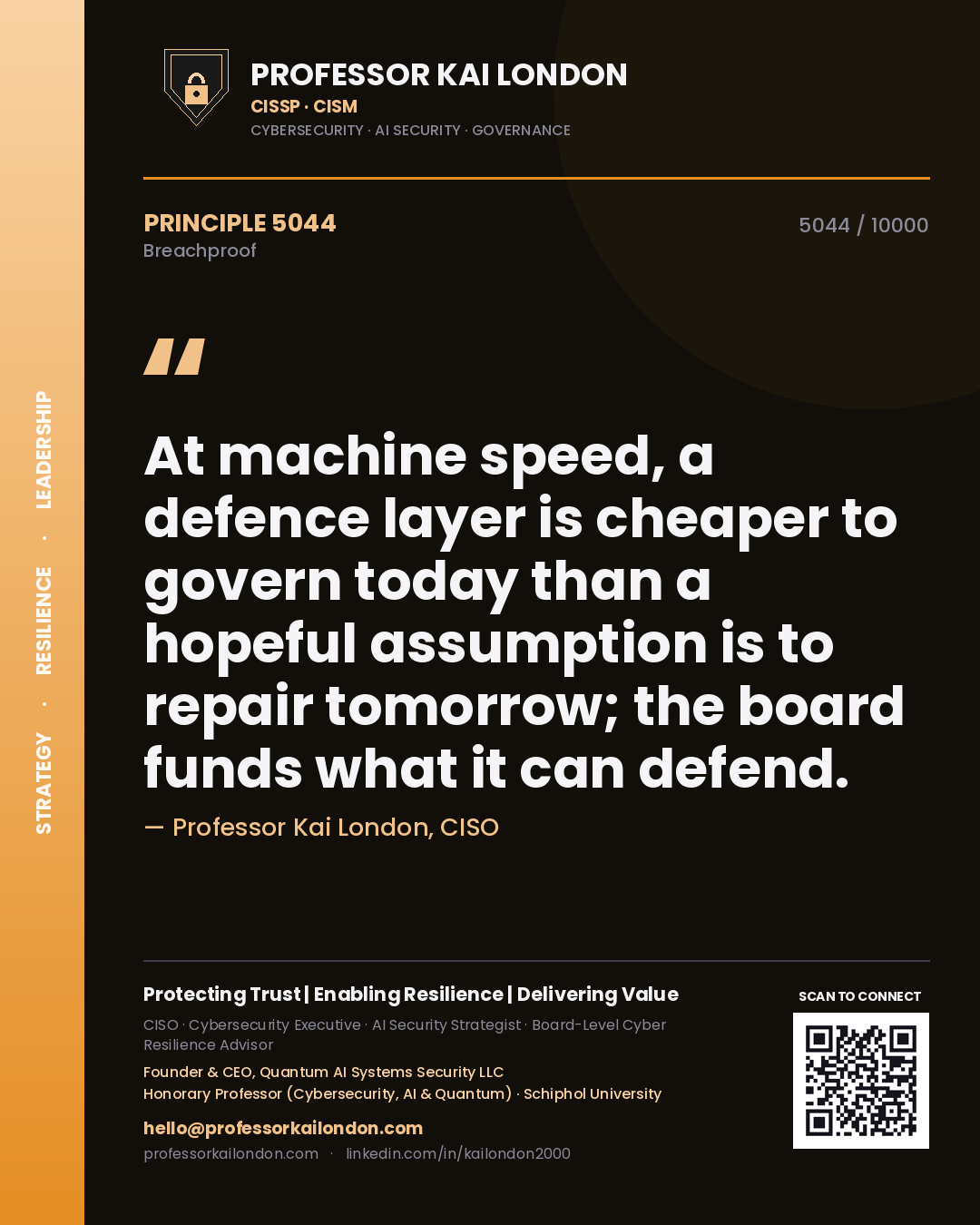 Professor Kai London principle 5044: At machine speed, a defence layer is cheaper to govern today than a hopeful assumption is to repair tomorrow; the board funds what it can defend.