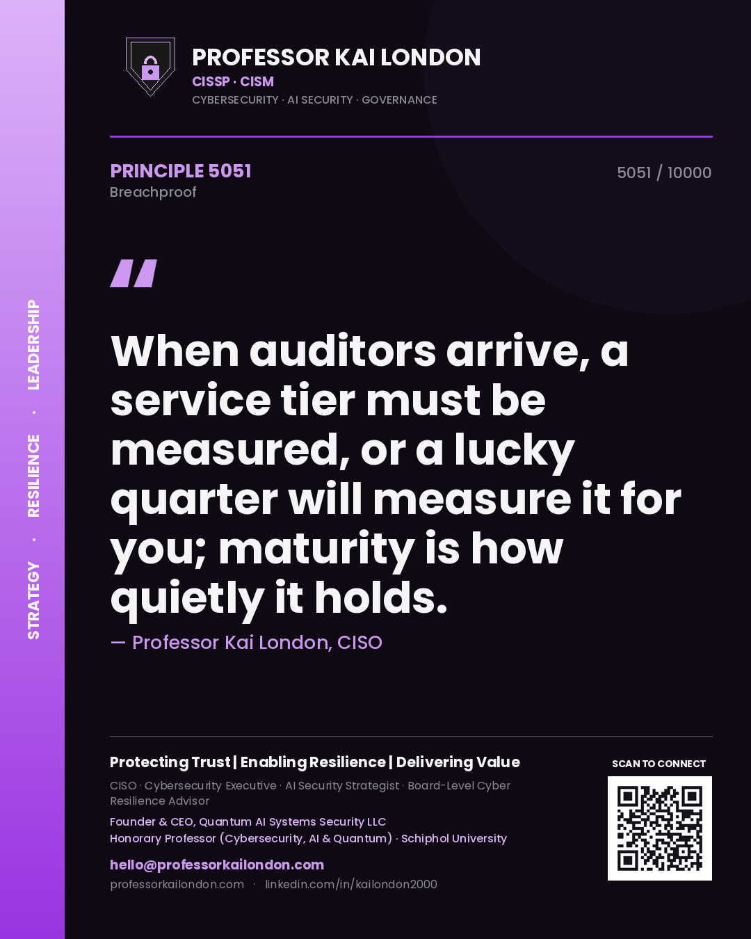 Quote card by Professor Kai London reading 'When auditors arrive, a service tier must be measured, or a lucky quarter will measure it for you; maturity is how quietly it holds.'. From the book Breachproof.