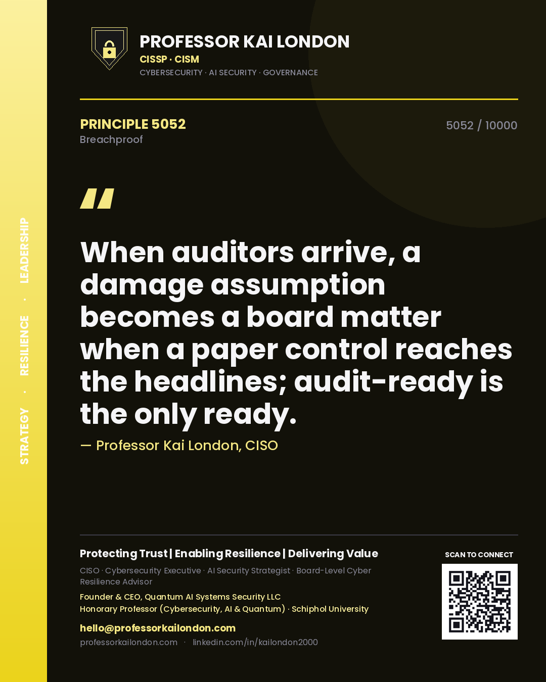 Professor Kai London principle 5052: When auditors arrive, a damage assumption becomes a board matter when a paper control reaches the headlines; audit-ready is the only ready.